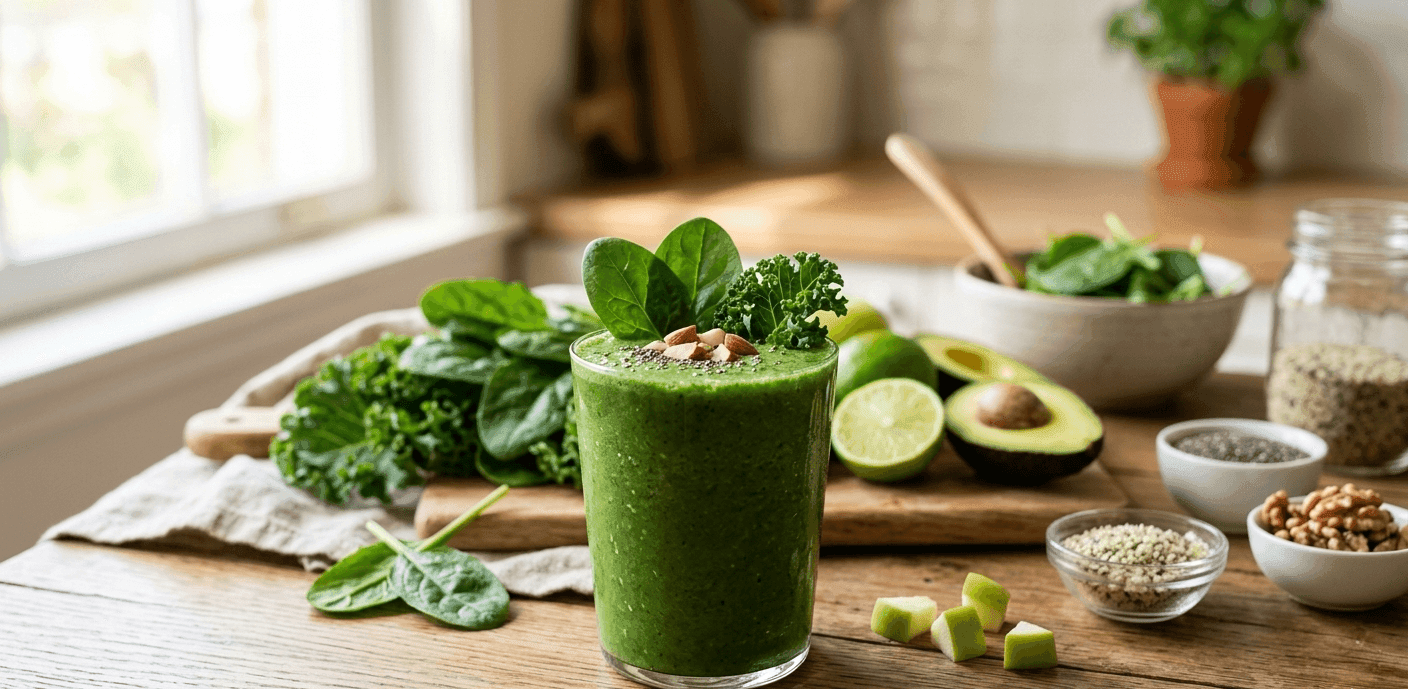 Fresh green smoothie with avocado and healthy ingredients for detox recipes on VitalBlendWave.